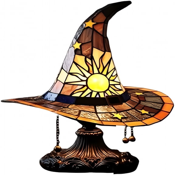 MONTERA Witch Hat Lamp Stained Glass Resin,Handmade Gothic Witch Hat Lamp,Small Wizard Hats Shape Spooky Fun Light for Indoor Party Haunted Wiccan Halloween Decor (Gold)