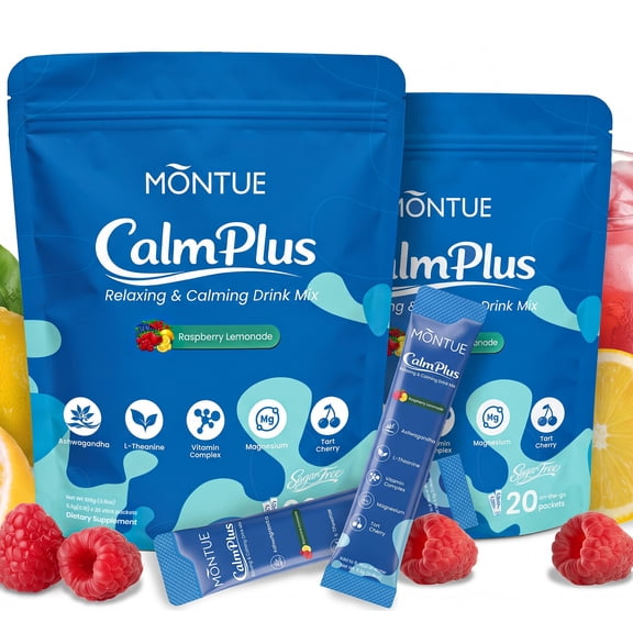 MONTUE CalmPlus Cortisol Reducer and Sleep Aid Supplement Drink Mix with Ashwagandha, L-Theanine & Magnesium Glycinate, Raspberry Lemonade Flavor, 20 Packets (Pack of 2)