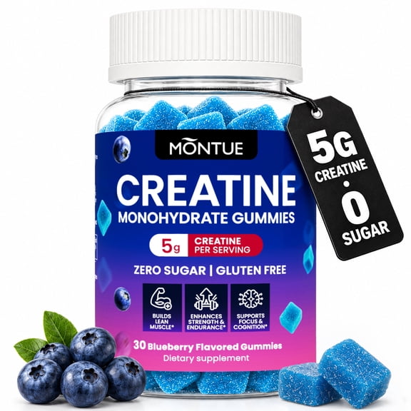 MONTUE Creatine Monohydrate Gummies, 5g Creatine for Muscle Strength, Endurance & Recovery, with L-Carnitine, BCAA, Taurine, Magnesium, B6 & B12, Sugar-Free Blueberry, 30 Count