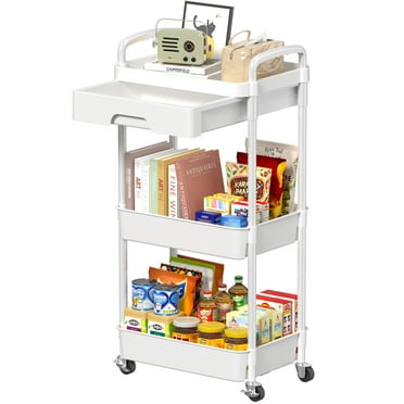 Keenstone 3-Tier Rolling Utility Cart with Drawer, Multifunctional Storage Organizer with Plastic Shelf & Metal Wheels, Storage Cart for Kitchen,Bathroom,Living Room,Office, White