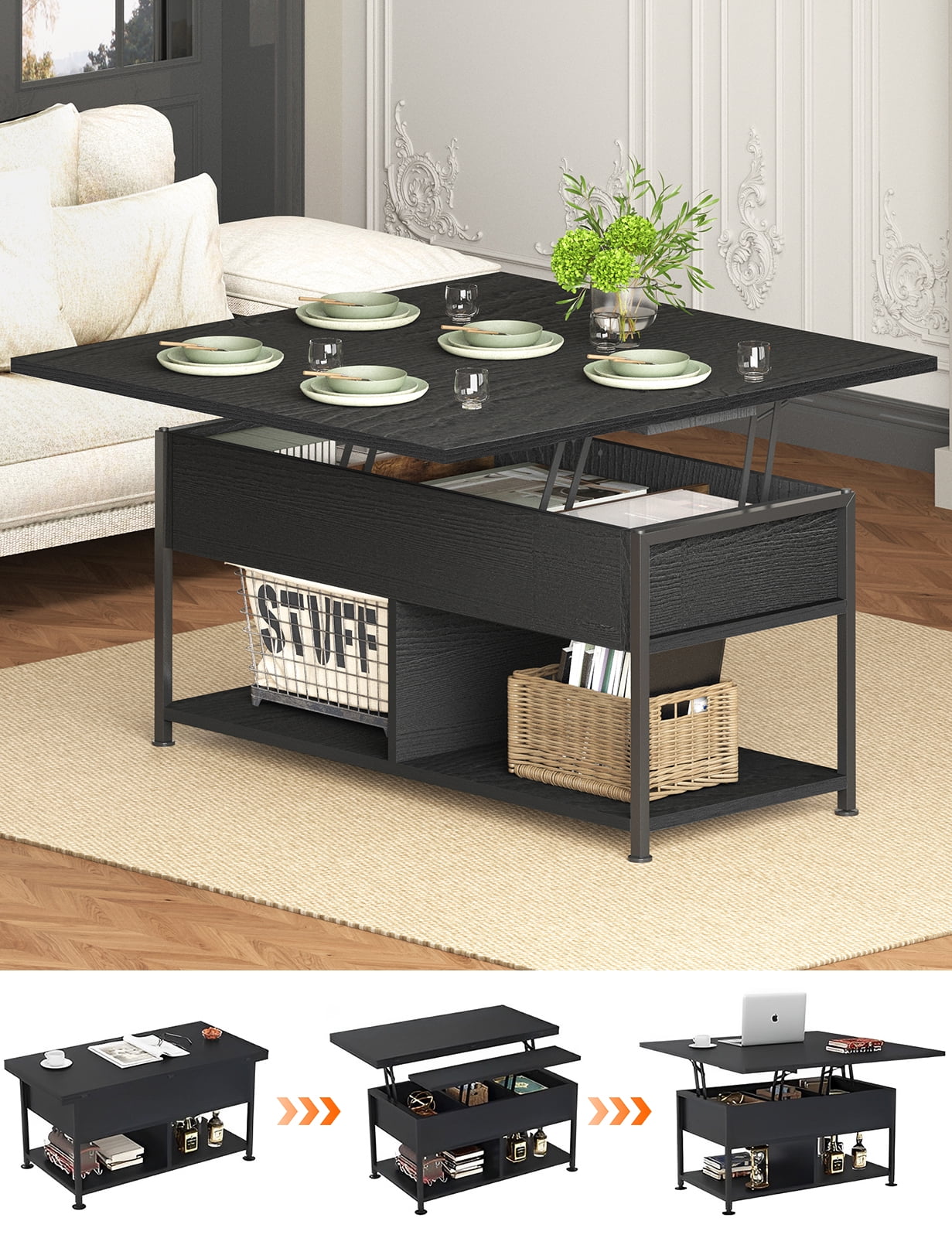 "MONVANE Multifunction 40"" Black Wood Coffee Table Convertible to