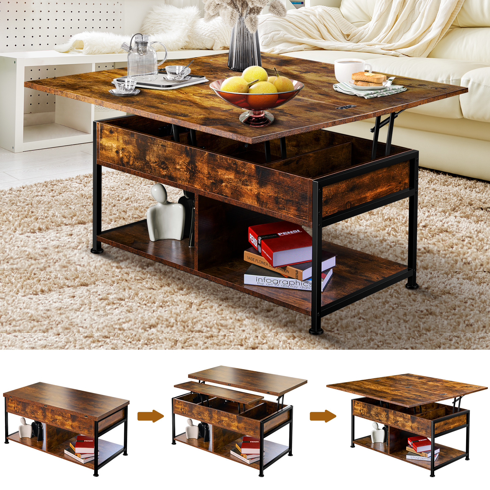 EROMMY Lift Top Coffee Table,Rustic Coffee Table Lift Tabletop with Hidden Compartment,PopUp