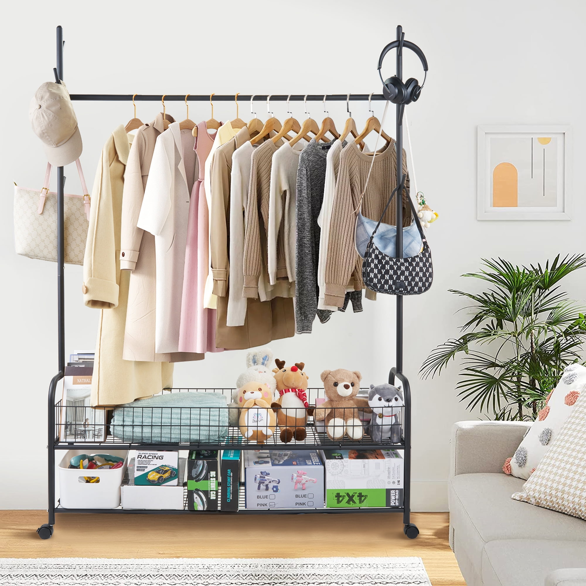 MONVANE Clothes Rack with Wheels, Portable Clothing Rack with 2 Lower Storage & Hooks, Garment