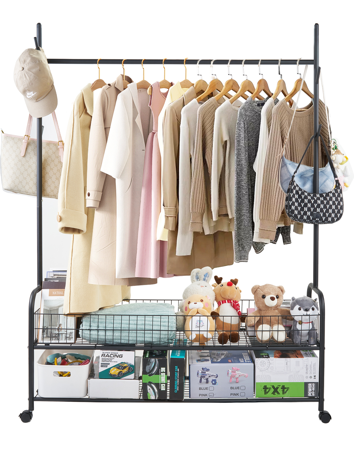 MONVANE Clothes Rack with Wheels, Portable Clothing Rack with 2 Lower