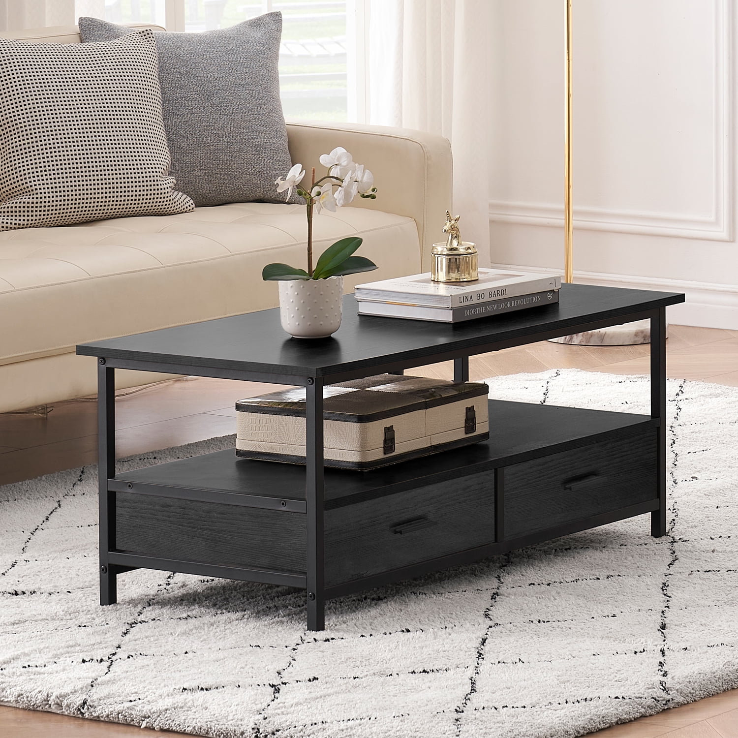 Room & Board | Modern Parsons Coffee Table w/ 1.5 Leg in Black | Marbled Black Ceramic Top