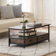 MONVANE Coffee Table with Drawers , 2-Tier Open Shelf Storage Coffee Table for Living Room,Rustic Brown