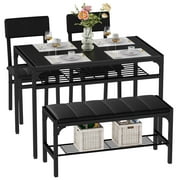 MONVANE Dining Table Set for 4, Kitchen Table Set with Storage Rack,1 Bench & 2 Chairs, Upholstered,Black