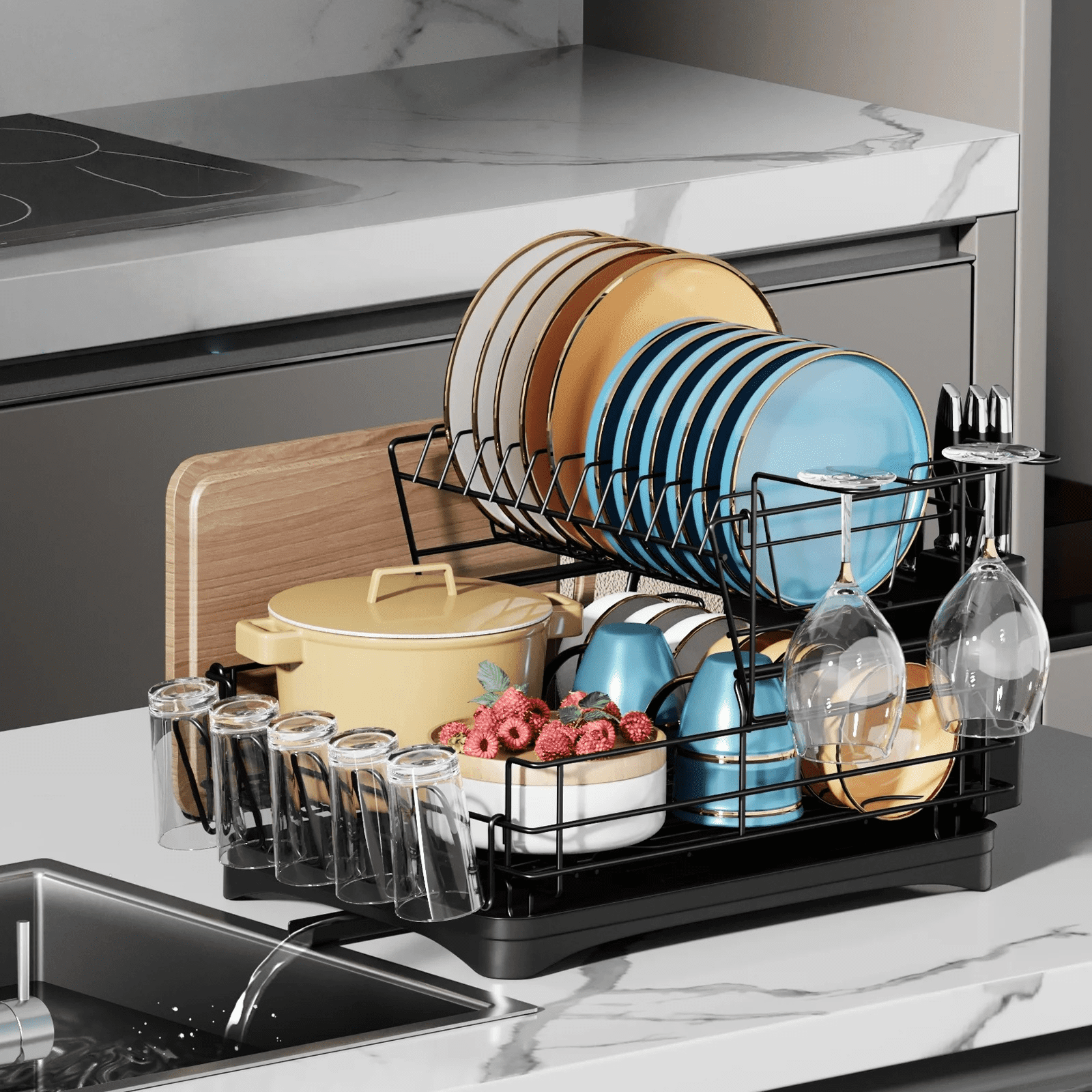 2-Tier Dish Drying Rack With Drain Board, Large Dish Drying Rack For Kitchen Counter,Detachable Large Capacity Dish Drainer Organizer With Utensil Holder – Black – Taizz Ventures