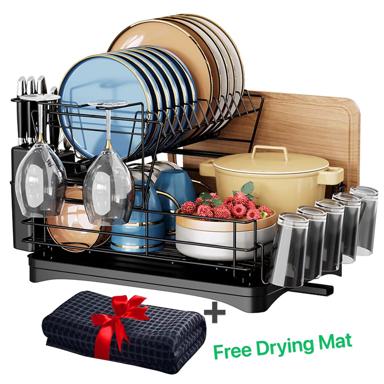 Behost Dish Drying Rack with Drying Mat, Space Saving 2 Tier Stainless Steel Dish Racks Organizer, Rust Resistant Dish Strainers Drainer for Kitchen Counter, Kitchen Sink Accessories - Black