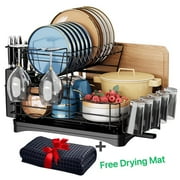 MONVANE Dish Drying Rack with Drying Mat, Space Saving 2 Tier Stainless Steel Dish Racks Organizer, Rust Resistant Dish Strainers Drainer for Kitchen Counter, Kitchen Sink Accessories - Black