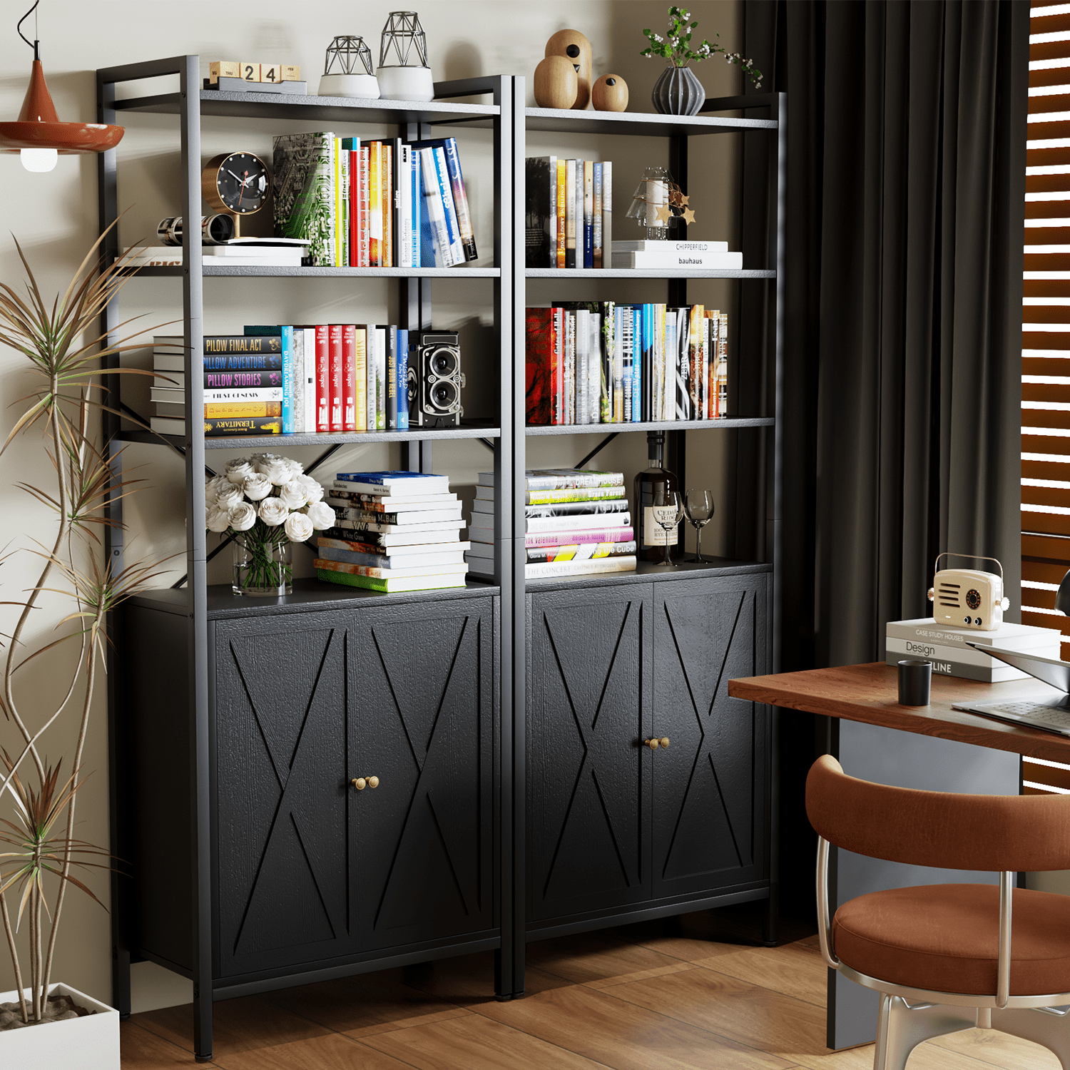 MONVANE Farmhouse Bookshelf and Bookcase with Doors Crosshatch Design 4 Shelves 1 Pack Black