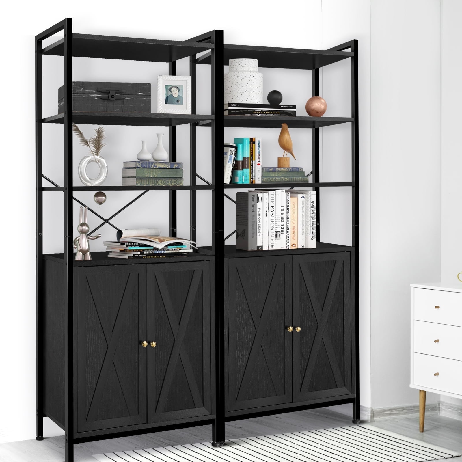 MONVANE Farmhouse Bookshelf and Bookcase with Doors, Crosshatch Design ...