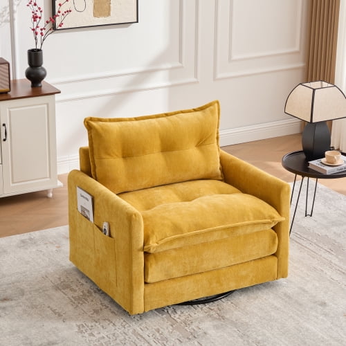 MOOBMISS 360°Swivel Accent Chair, Chenille Upholstered Armchair with Side Pockets & Cushion, Modern Accent Chair with Metal Base for Living Room Bedroom,Mustard Yellow