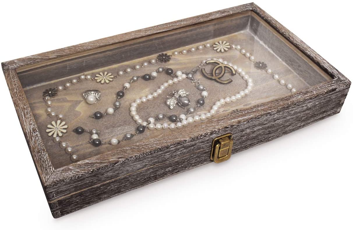 MOOCA Wood Glass Top Jewelry Display Case Accessories Storage Wooden