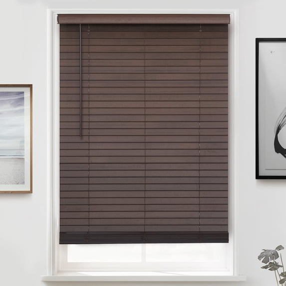 MOOD Architectural Faux Wood Window Blinds | driftwood brown 2 inch Mocha wooden blinds | 33.5 inch wide blinds for windows | Custom Made Cordless Blackout | Mocha | 33.5" Wide x 72" Tall