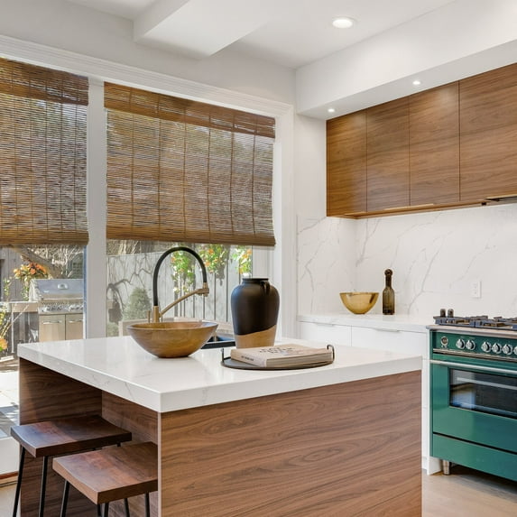 MOOD Custom Bamboo Shades | ALOHA | Cordless Designer Natural Woven Wood Roman Shades for Windows | Aloha Mango Wood (Sheer) | 21.5"W X 36"H