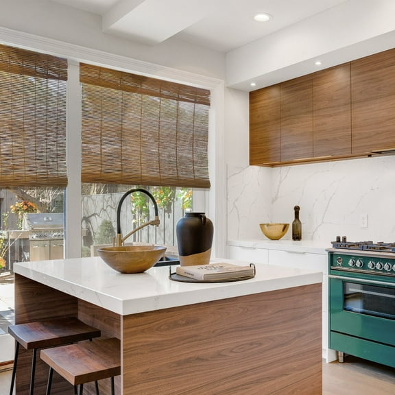 MOOD Custom Bamboo Shades | ALOHA | Cordless Designer Natural Woven Wood Roman Shades for Windows | Aloha Mango Wood (Sheer) | 59.5"W X 60"H