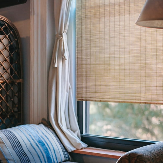MOOD Custom Bamboo Shades | MODERN | Cordless Designer Natural Woven Wood Roman Shades for Windows | Modern Camel (Sheer) | 52"W X 36"H