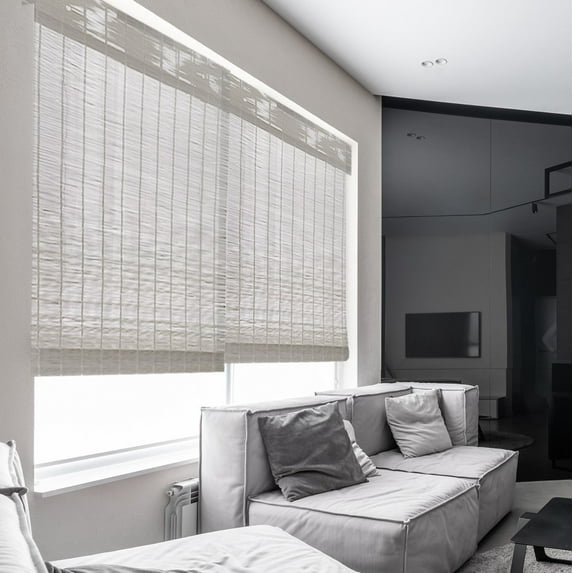 MOOD Custom Bamboo Shades | MODERN | Cordless Designer Natural Woven Wood Roman Shades for Windows | Modern Light Grey (Sheer) | 43"W X 48"H