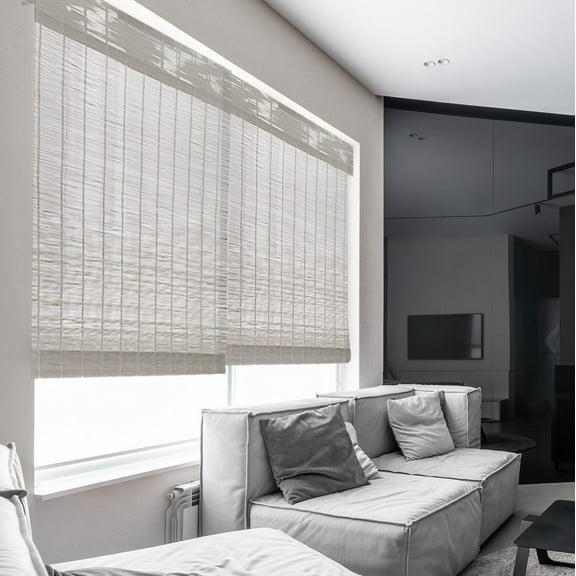 MOOD Custom Bamboo Shades | MODERN | Cordless Designer Natural Woven Wood Roman Shades for Windows | Modern Light Grey (Sheer) | 63.5"W X 60"H