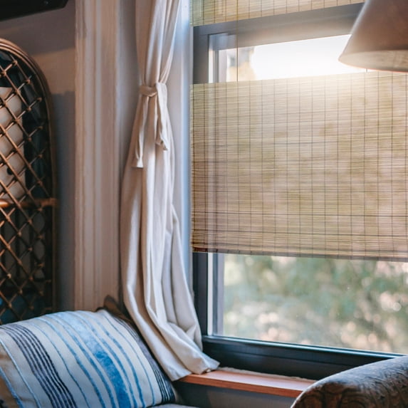 MOOD Custom Bamboo Shades | MODERN | Top Down Bottom Up Cordless | Natural Woven Wood Roman Shades for Windows | Modern Camel (Sheer) | 64"W x 60"H