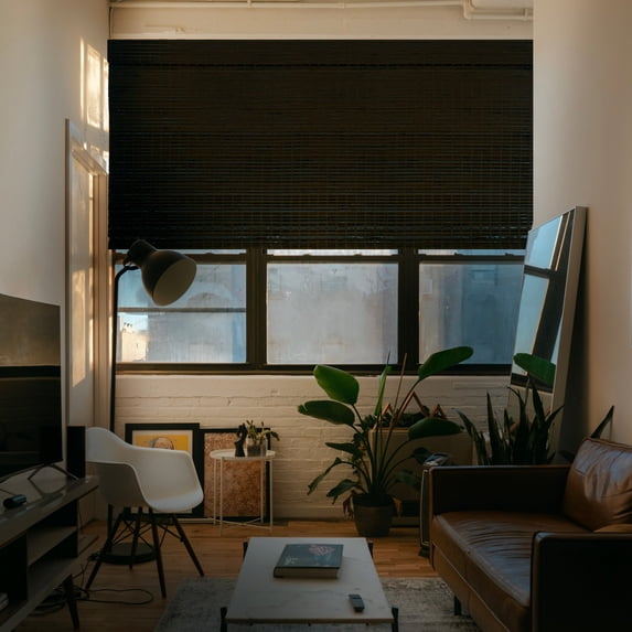 MOOD Custom Bamboo Shades | RUSTIC | Cordless Designer Natural Woven Wood Roman Shades for Windows | Rustic Night Coffee (Great Privacy) | 52"W X 48"H