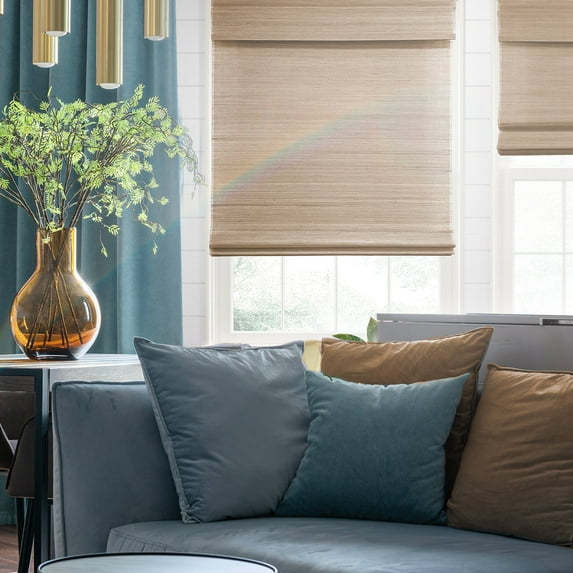 MOOD Custom Bamboo Shades | WOVEN | Cordless Designer Natural Woven Wood Roman Shades for Windows | Woven Hickory Wood (Sheer) | 52.5"W x 48"H