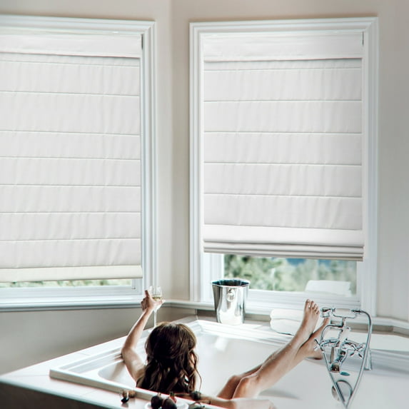 MOOD Custom Fabric Roman Shades for Windows | Cordless + Designer Styles with Thermal Backing | 45.5 inches wide blinds for Bedroom Living Room Doors and Homes | Pure White (Privacy) | 45.5"W x 36"H