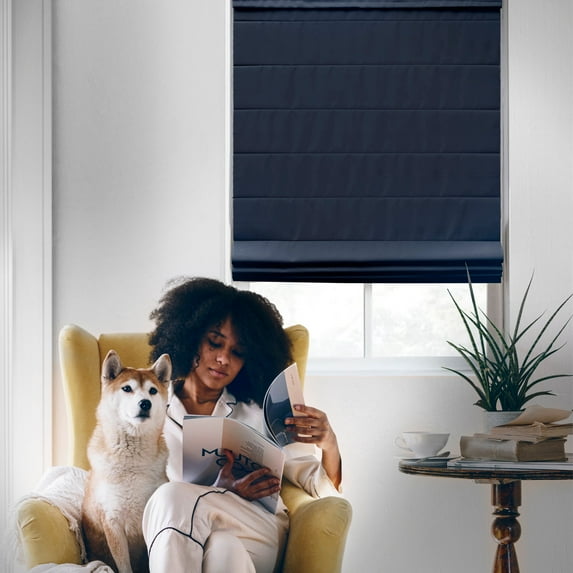 MOOD Custom Fabric Roman Shades for Windows | Cordless + Designer Styles with Thermal Backing | 67 inches wide blinds for Bedroom Living Room Doors and Homes | Jean Navy (Privacy) | 67"W x 48"H