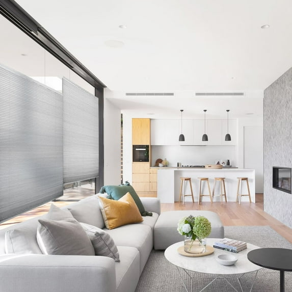 MOOD Top Down Bottom Up Cellular Shades | Luxury meets function | Cordless, Light Filtering, Insulation, Acoustic Comfort | Honeycomb Blinds for Windows | Silver | 48" Width x 48" Height