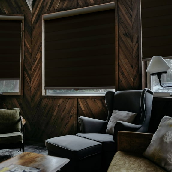 MOOD Zebra Shades for Windows | Custom Size + Cordless + Durable and Stylish Roller Shade | Day and Night Dual Layer Combi Blind | Espresso (Blackout) | 38"W x 24"H