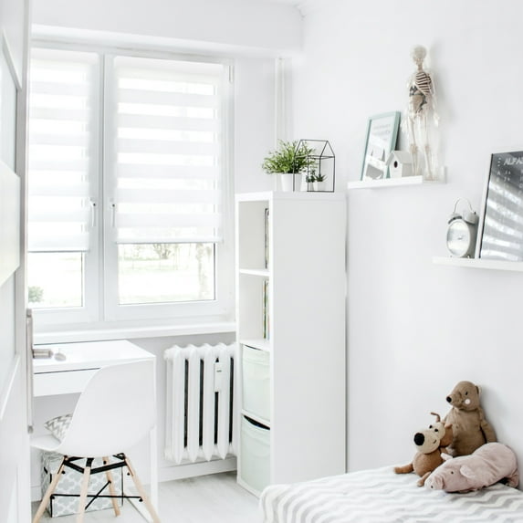 MOOD Zebra Shades for Windows | Custom Size + Cordless + Durable and Stylish Roller Shade | Day and Night Dual Layer Combi Blind | Pure White (Light Filtering) | 18"W x 36"H