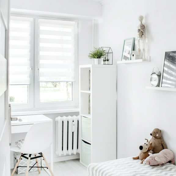 MOOD Zebra Shades for Windows | Custom Size + Cordless + Durable and Stylish Roller Shade | Day and Night Dual Layer Combi Blind | Pure White (Light Filtering) | 63"W x 48"H