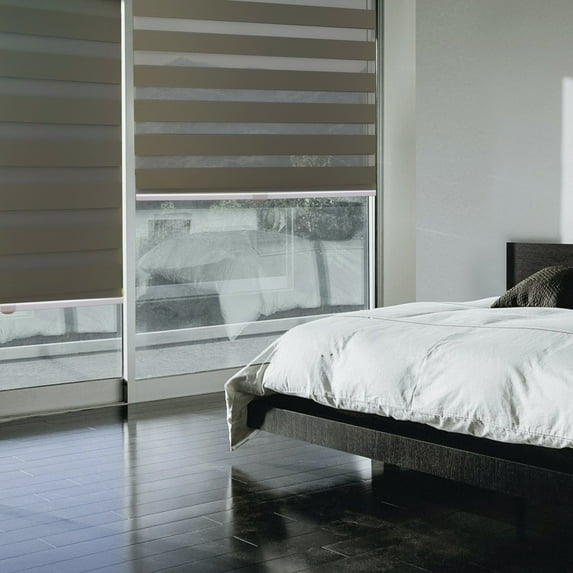 MOOD Zebra Shades for Windows | Custom Size + Cordless + Durable and Stylish Roller Shade | Day and Night Dual Layer Combi Blind | Stone Beige (Blackout) | 38"W x 60"H
