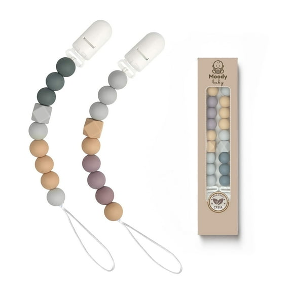 MOODYBABY® Pacifier Binky Clips for Boys Girls Soother Chain Silicone Holder 2 Pack Set for Baby Unisex Neutral Newborn Dummies Baby Shower Gift (Neutral Gray)