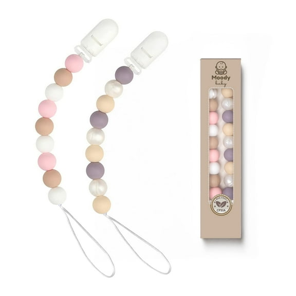 MOODYBABY® Pacifier Binky Clips for Boys Girls Soother Chain Silicone Holder 2 Pack Set for Baby Unisex Neutral Newborn Dummies Baby Shower Gift (Pink Purple)