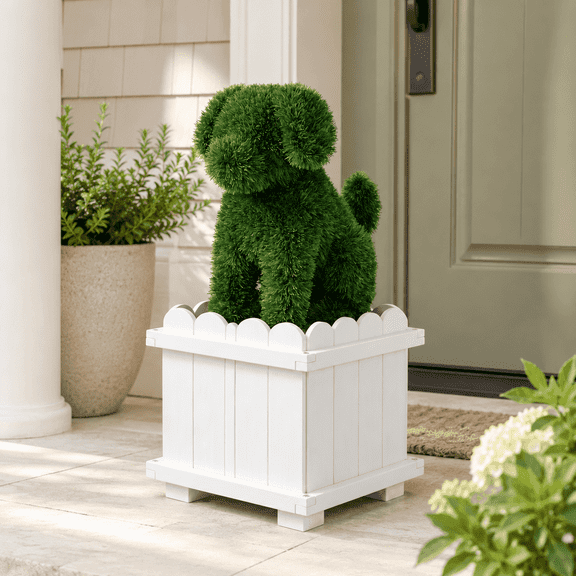 MOOFI 34.65 in Artificial Dog Topiary Planter with White Planter Box, Faux Grass Outdoor Garden Sculpture for Front Door Porch Patio, 1 Pack