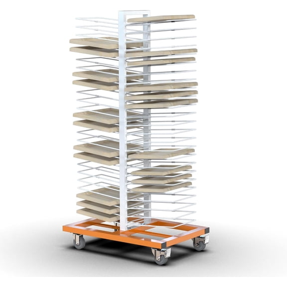 MOOFI 50-Shelf Paint Drying Rack with Pull-Out Track Rollers and Locking Casters for Cabinet Doors, Panels and Artwork, White and Orange