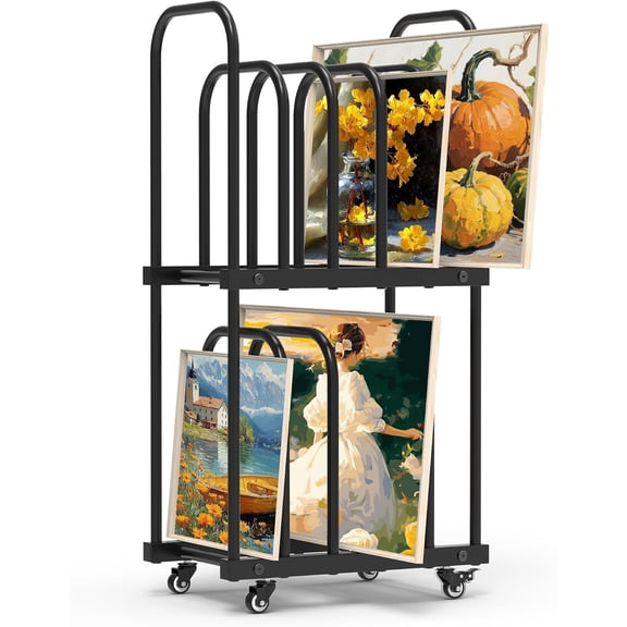MOOFI Art Drying Rack with Wheels, Double Layer Painting Drying Rack and Artwork Storage Rack, Mobile Canvas Storage Organizer for Art Studio, Classroom, Posters, Prints and Canvas Panels, Black