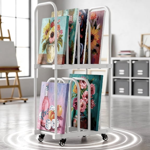MOOFI Art Drying Rack with Wheels, Double Layer Painting Drying Rack and Artwork Storage Rack, Mobile Canvas Storage Organizer for Art Studio, Classroom, Posters, Prints and Canvas Panels