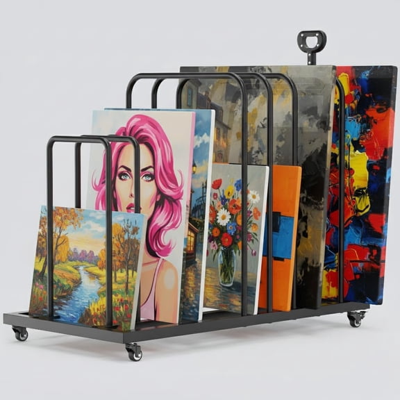 MOOFI Art Storage Rack with Wheels, Metal Canvas Storage Organizer for Paintings, Panels, Frames, Posters and Prints, Rolling Artwork Drying Rack for Studio Classroom, Black