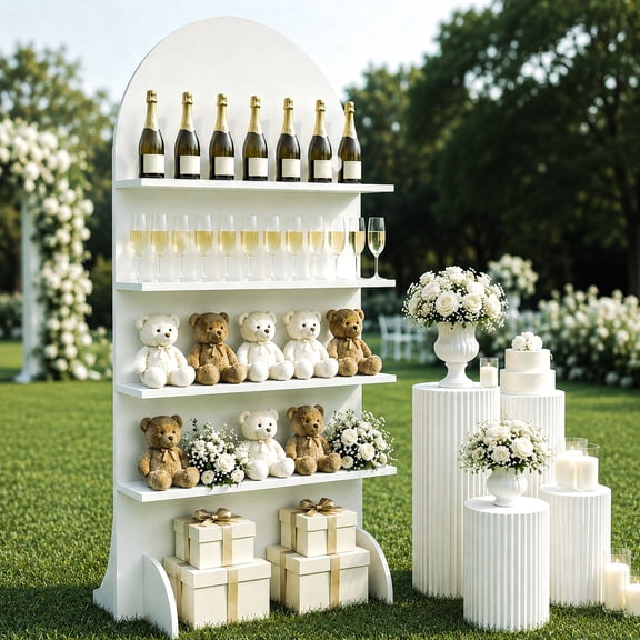 MOOFI Champagne Wall Display Stand, 6 ft White Wooden 4-Tier Freestanding Shelf for Weddings, Bridal Showers, Receptions and Parties