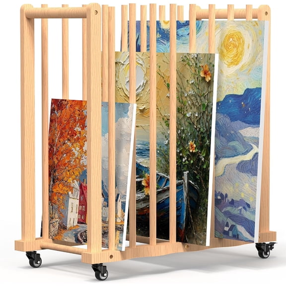 MOOFI Natural Wood Art Drying Rack with Casters, Adjustable Canvas Storage Rack for Panels, Frames, Prints, Studios and Classrooms