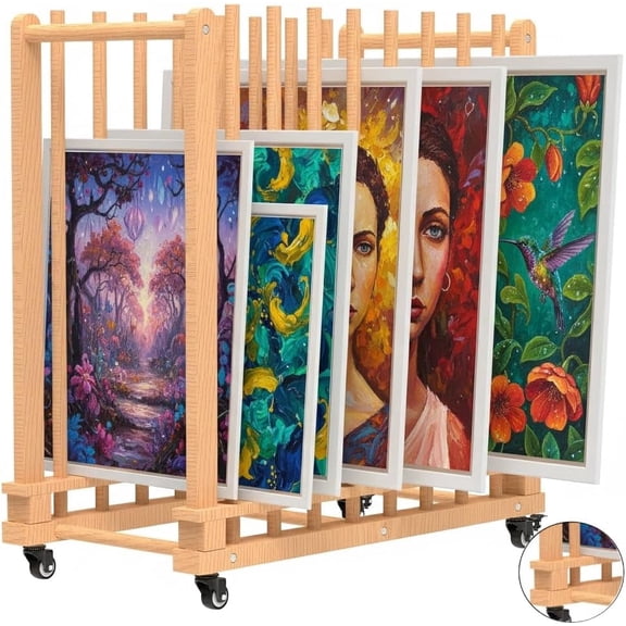 MOOFI Natural Wood Art Drying Rack with Casters, Adjustable Canvas Storage Rack for Panels, Frames, Prints, Studios and Classrooms