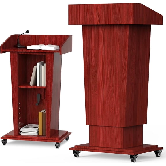 MOOFI Wooden Podium Stand, 41-54.5 in Height Adjustable Lectern with Wheels, Crank Lift, Storage Shelf, Cherry Red