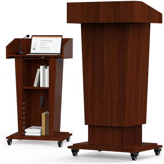 MOOFI Wooden Podium Stand, 41-54.5 in Height Adjustable Lectern with Wheels, Crank Lift and Storage Shelf for Church, Classroom and Conference