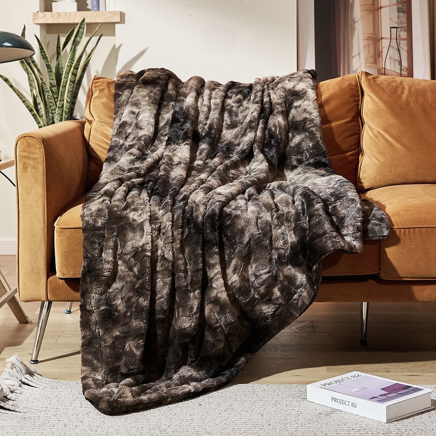 MOOFUN Faux Rabbit Fur Throw Blanket- 50x60 inches, Soft Fluffy Cozy Warm Fuzzy Machine Washable, Durable Blanket for Couch and Bed - Brown