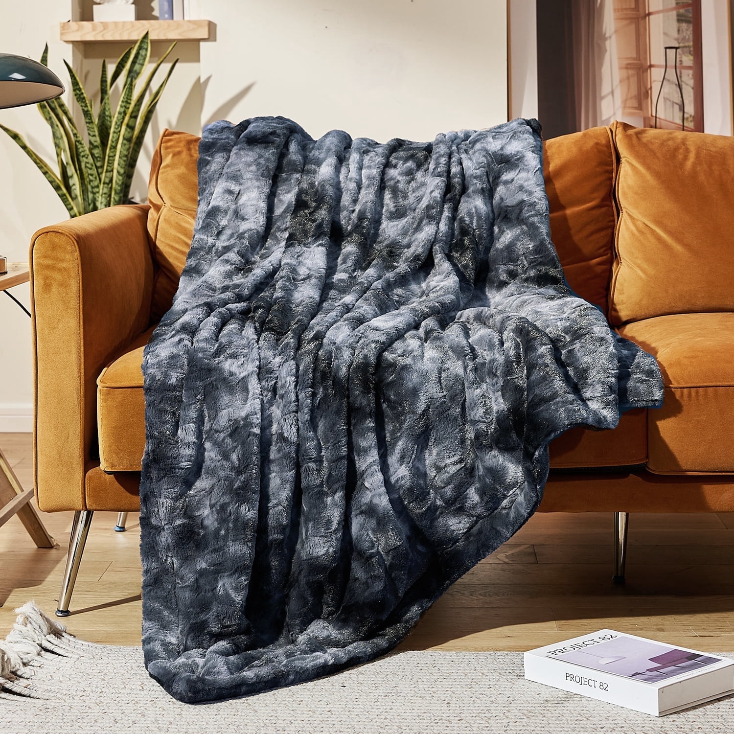 MOOFUN Faux Rabbit Fur Throw Blanket- 50x60 inches, Soft Fluffy Cozy Warm Fuzzy Machine Washable, Durable Blanket for Couch and Bed - Grey