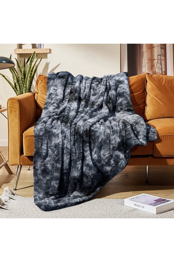 Faux Rabbit Fur Throw Blanket- 60x80 inches, Soft Fluffy Cozy Warm Fuzzy Machine Washable, Durable Blanket for Couch and Bed - Grey