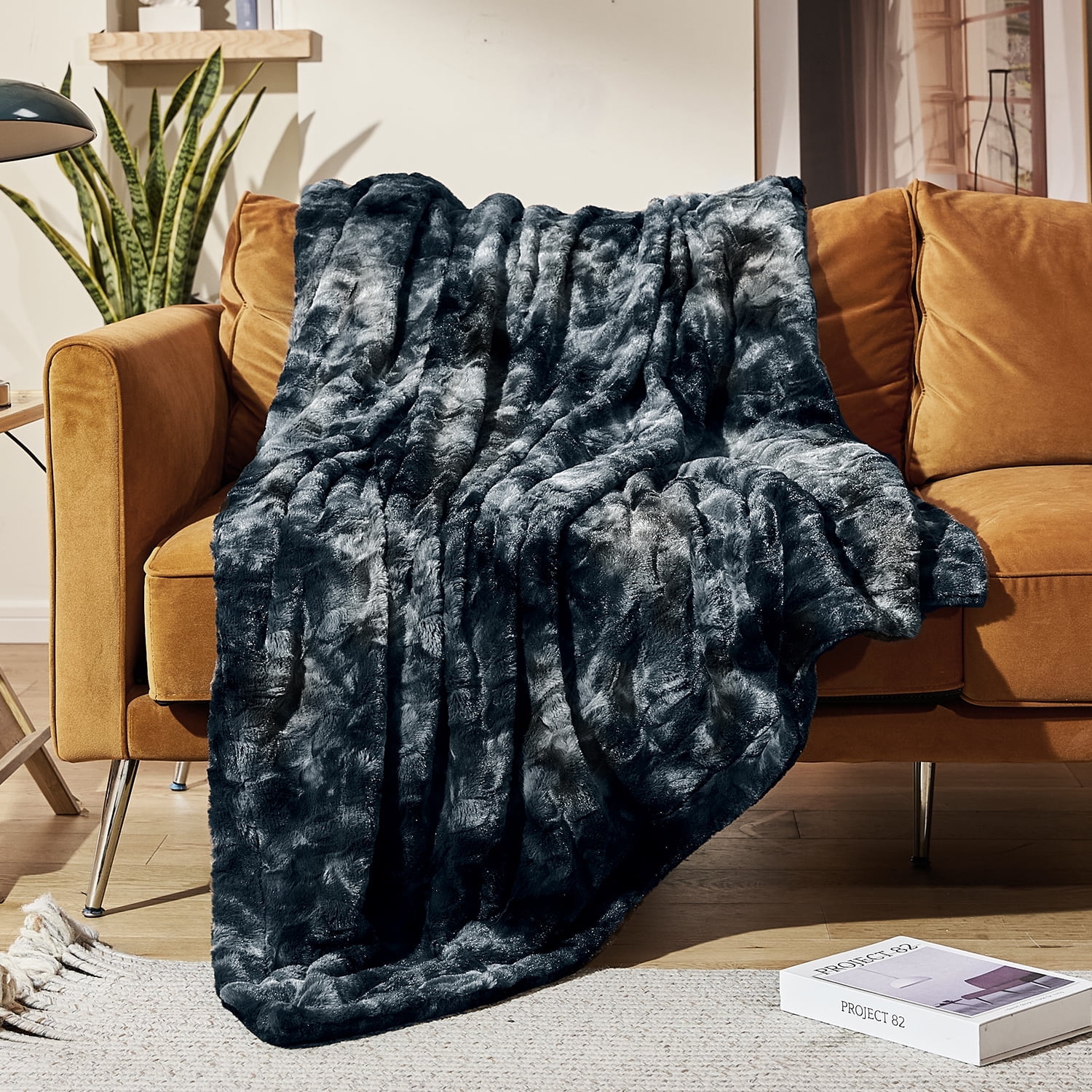 MOOFUN Faux Rabbit Fur Throw Blanket- 60x80 inches, Soft Fluffy Cozy Warm Fuzzy Machine Washable, Durable Blanket for Couch and Bed - Black